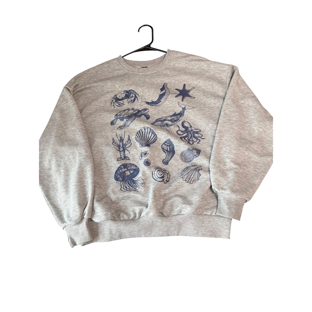 SHEIN Women Grey Sea Life Nautical Graphic Sweatshirt XS Whale Octopus Turtle